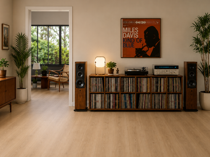 Light vinyl flooring in a stylish California home