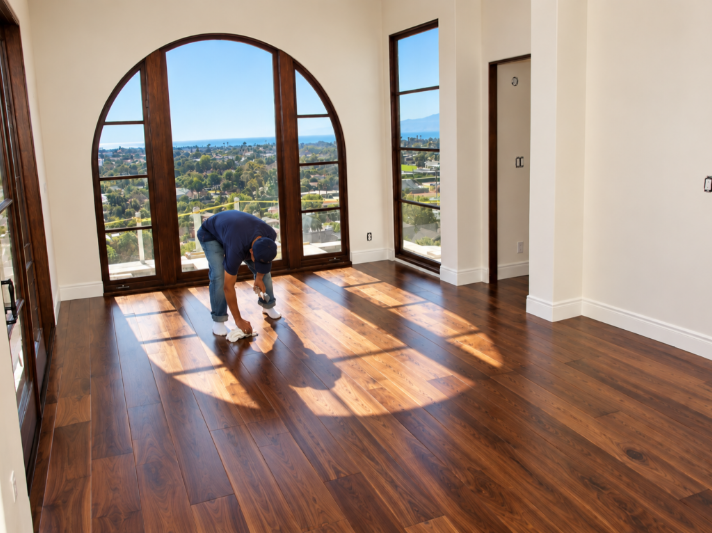 Leader Flooring Professional Polishing Walnut Floors in a California home