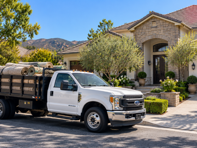 Leader Flooring truck picking up carpet for disposal