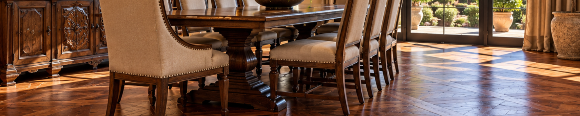 Custom Hardwood by Leader Flooring in a Mediterranean Dining Room